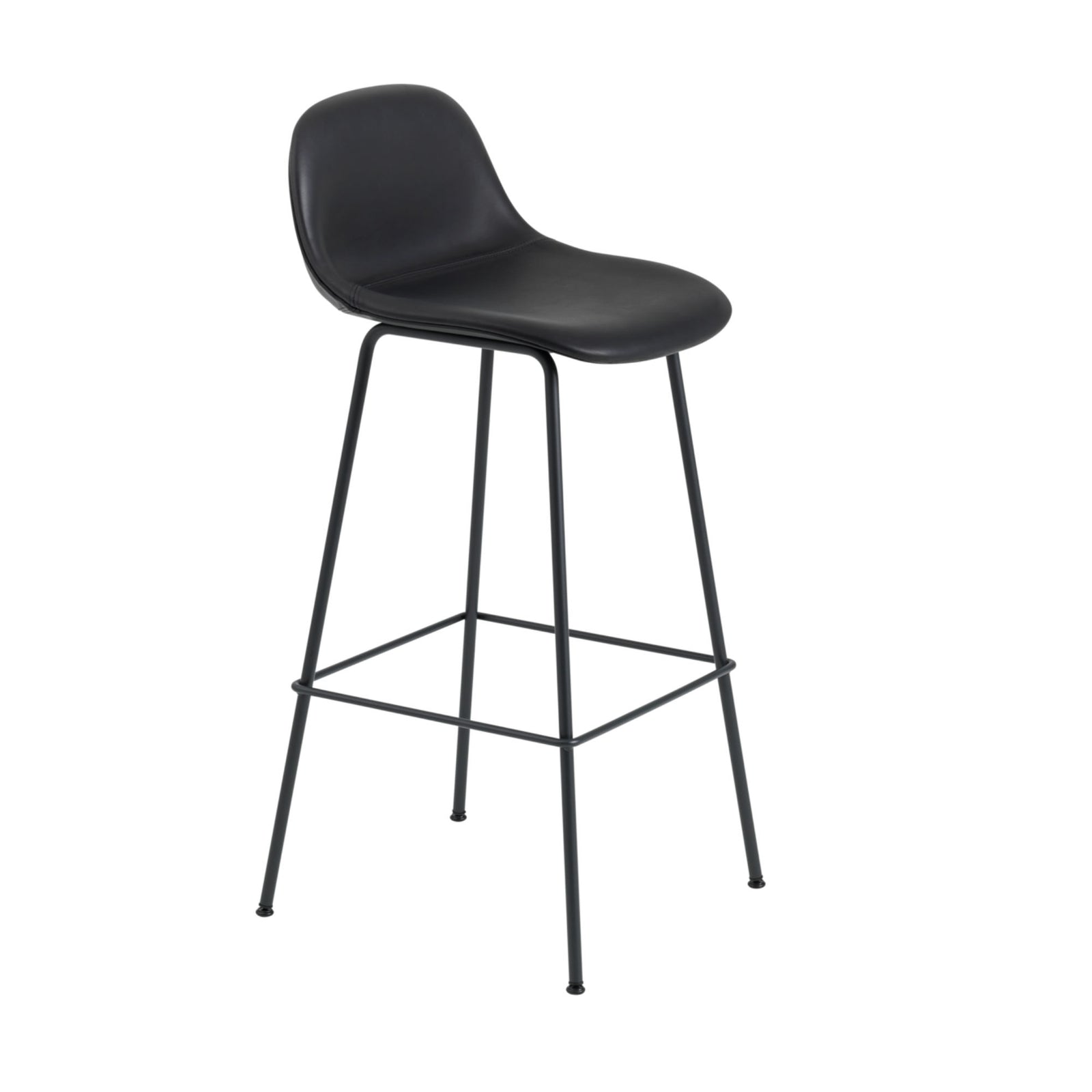 Muuto Fiber Bar Stool Tube Base With Back Rest, Refine Leather Black/Black (75 cm)