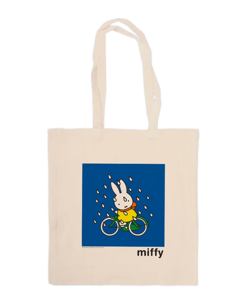 Star Edition Miffy canvas tote bag, miffy on her bike in the rain