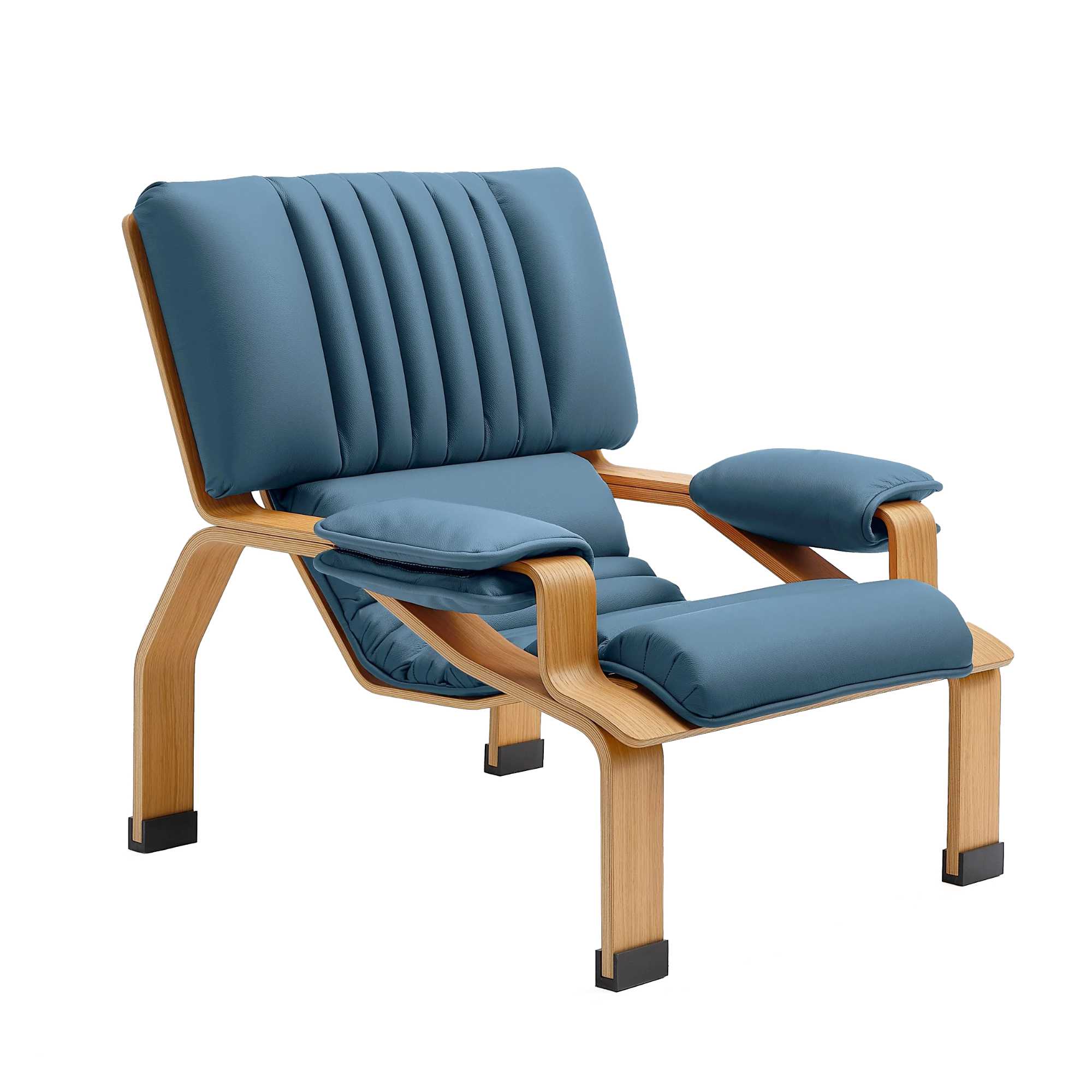 B-line SUPERCOMFORT ergonomic armchair with leather and oak armrests, blue