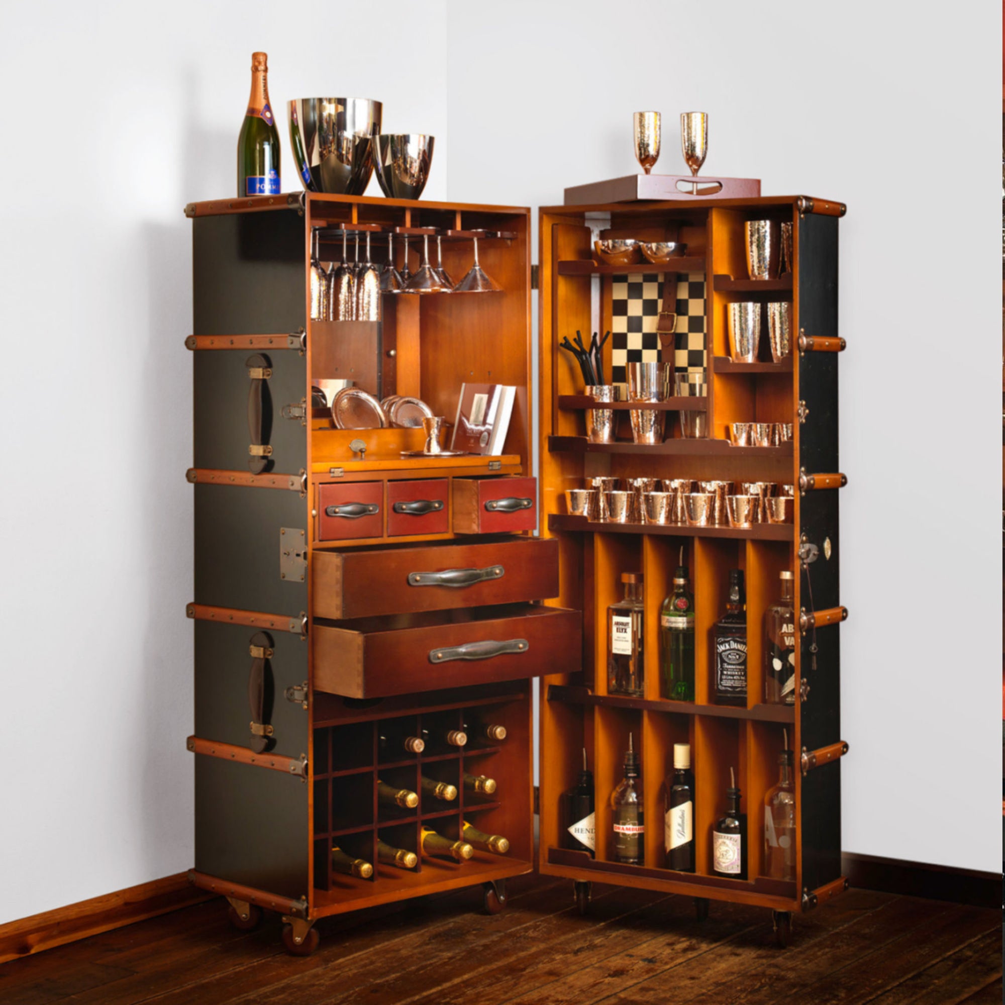 Black Steamer Trunk with Bar Cabinet