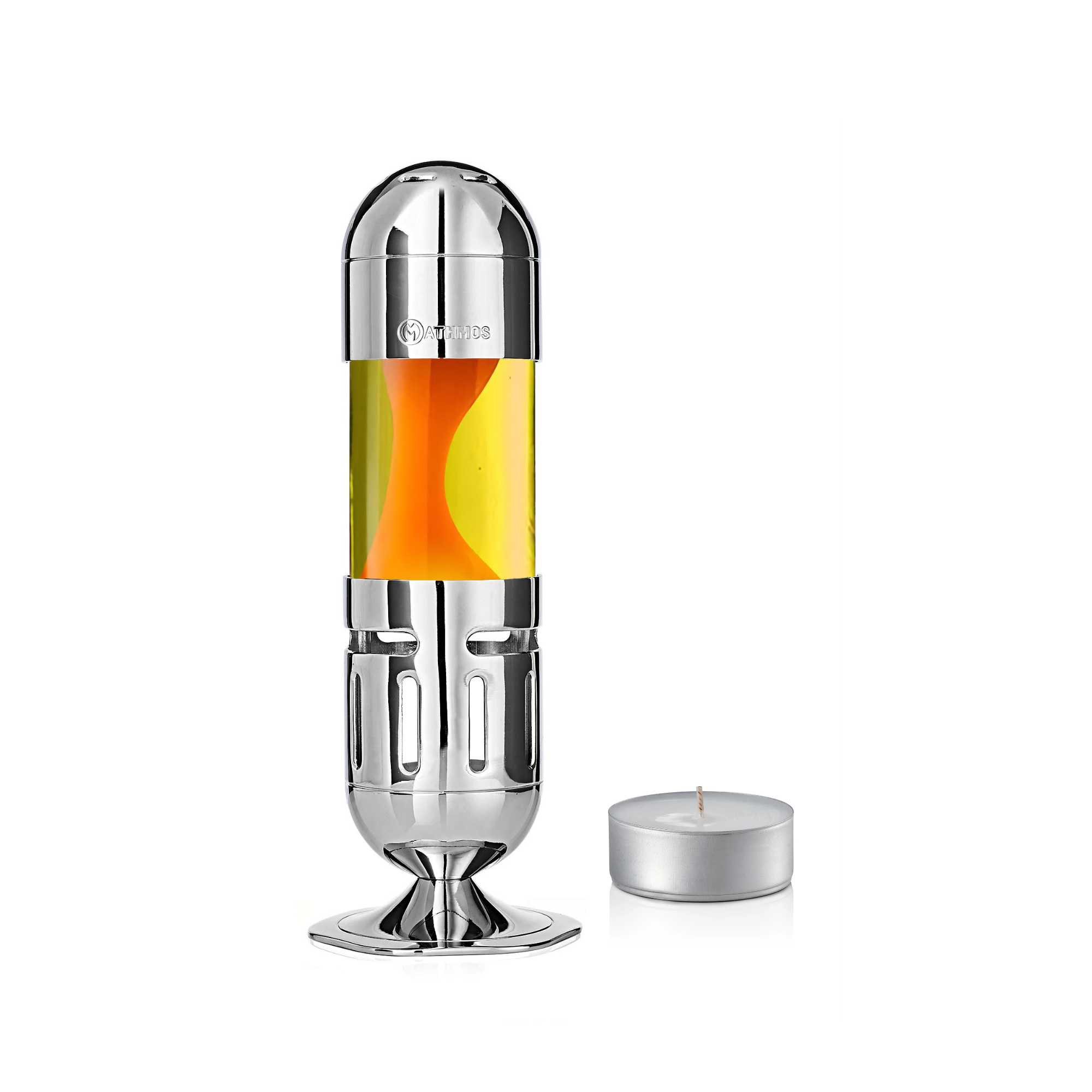 Mathmos Pod candle lava lamp silver, yellow/orange (25 cm)