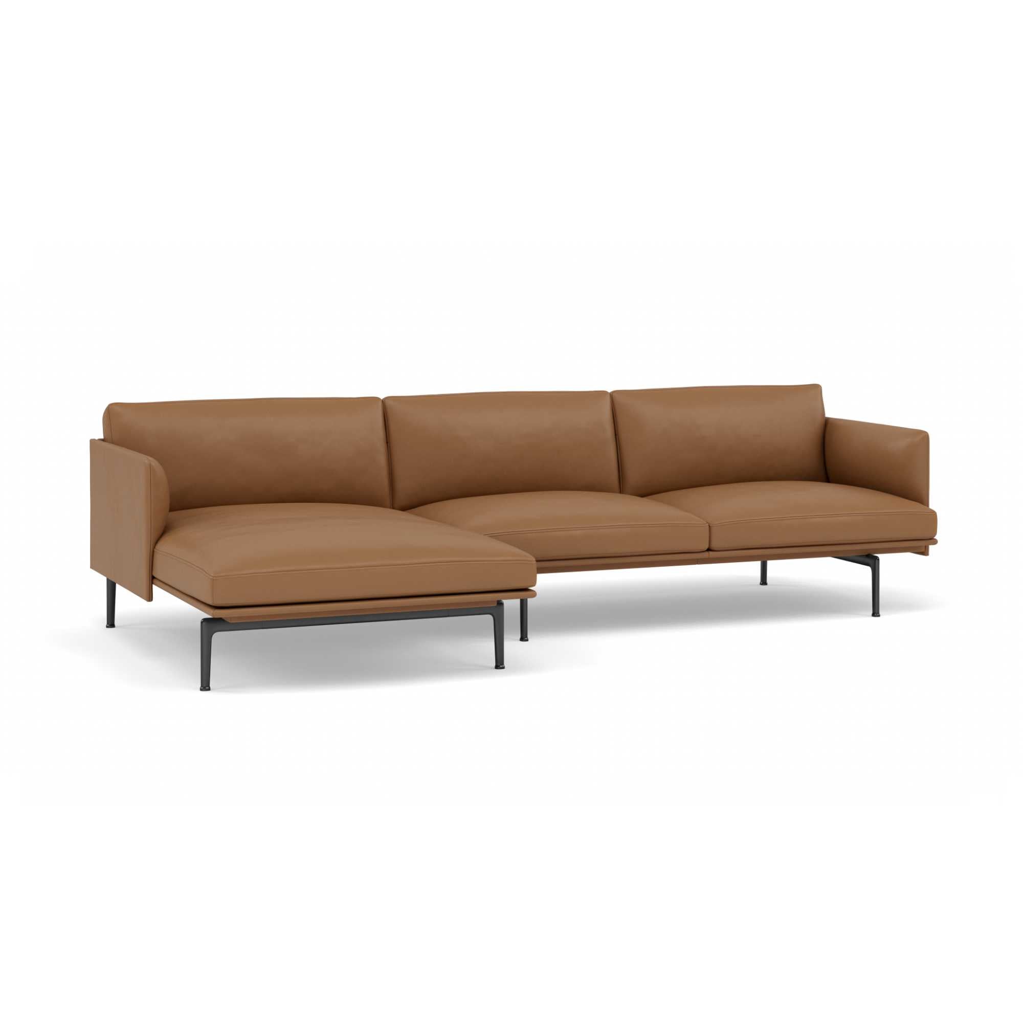 Muuto Outline sofa Chaise Longue Left, RefineLeatherCognac/Black w263xd142xh71cm