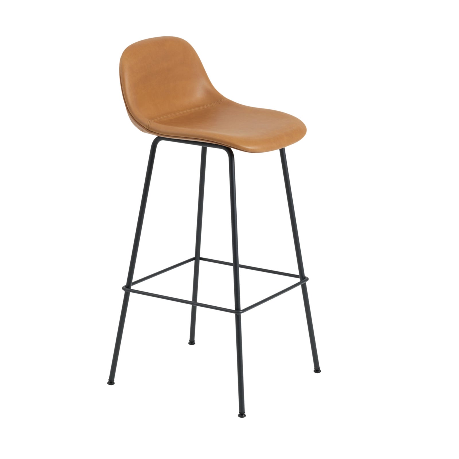 Muuto Fiber Bar Stool Tube Base With Back Rest, Refine Leather Cognac/Black (75 cm)