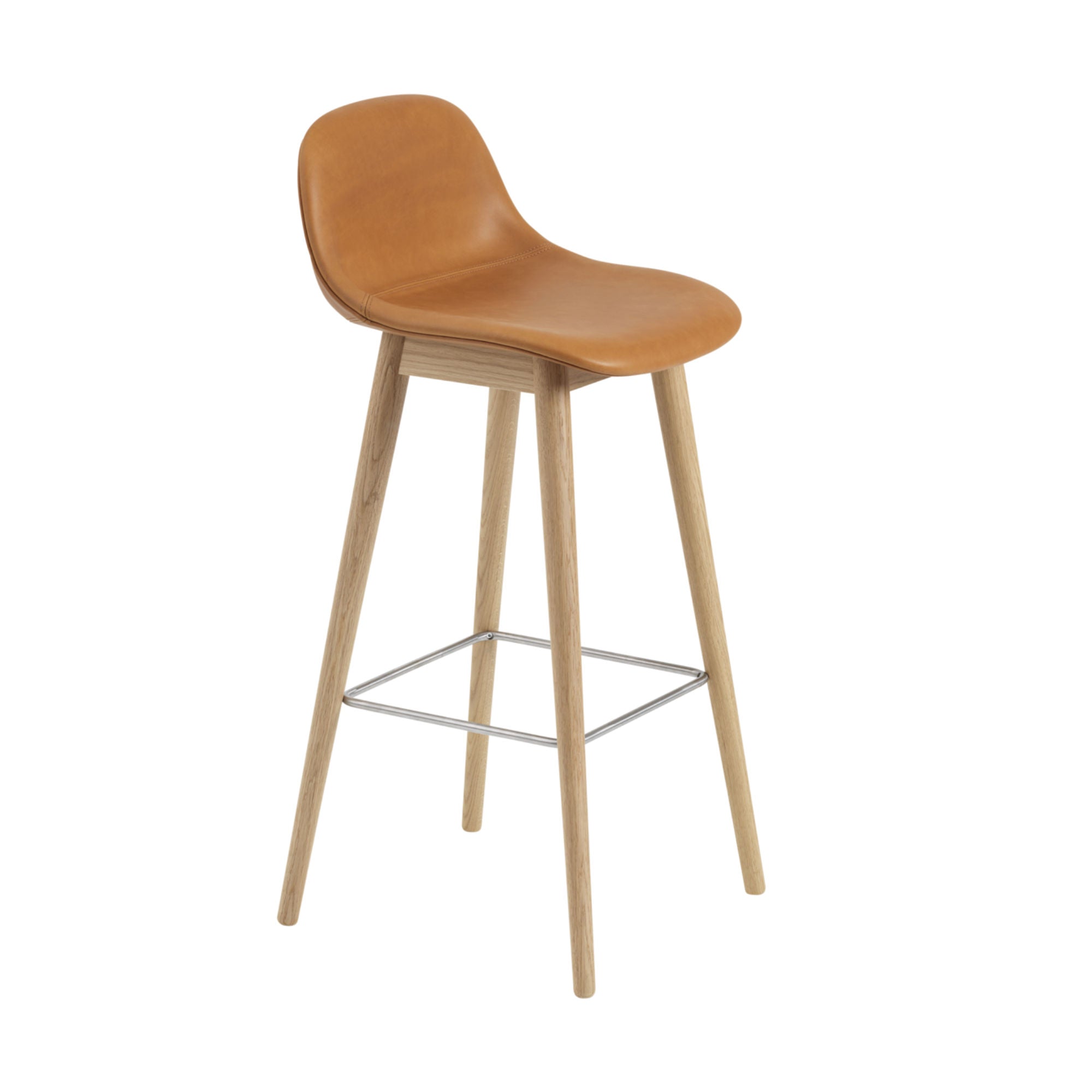 Muuto Fiber Bar Stool Wood Base With Backrest, Refine Leather Cognac/Oak (75 cm)