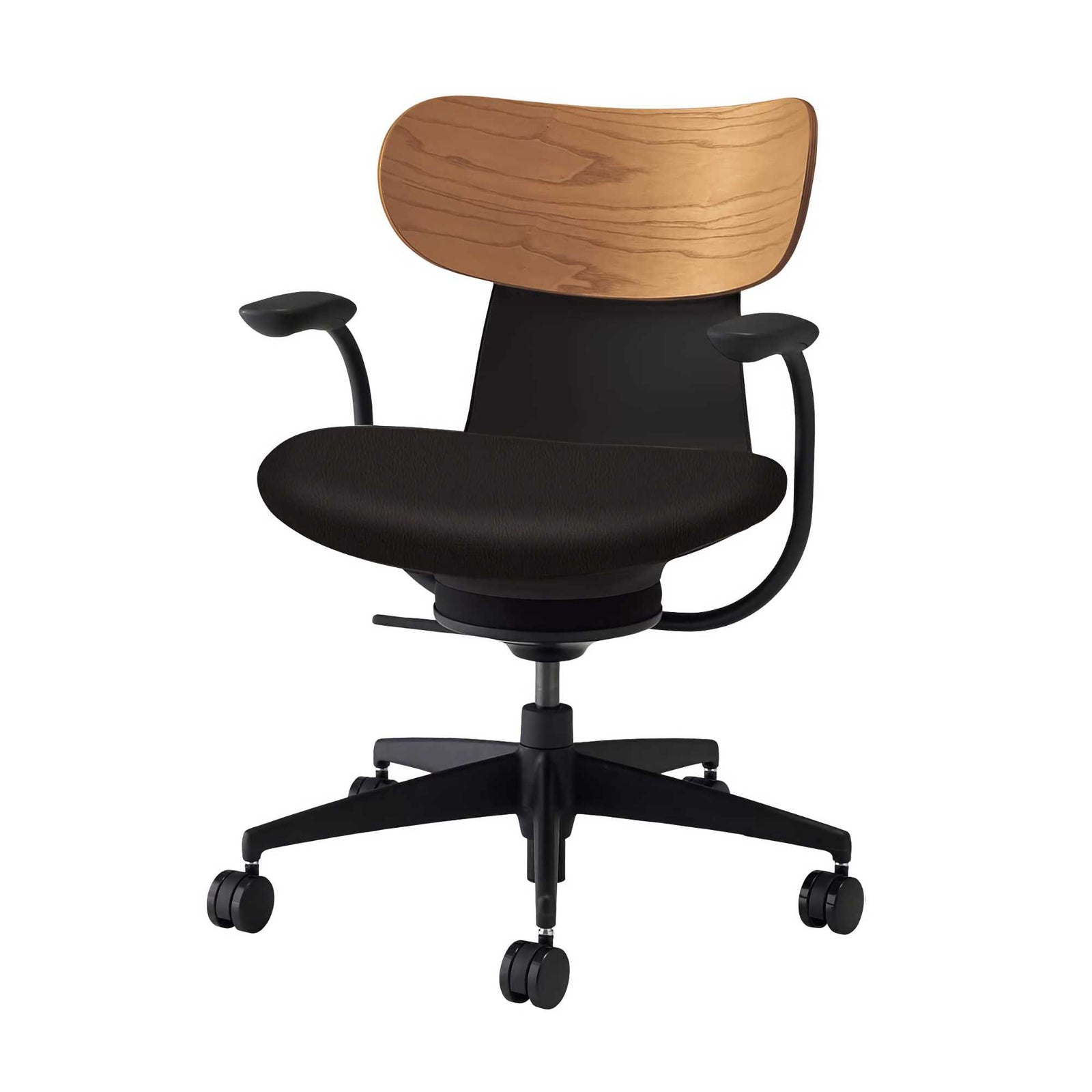 Kokuyo Inglife Office Chair Dark Plywood Back with Arm, black leather
