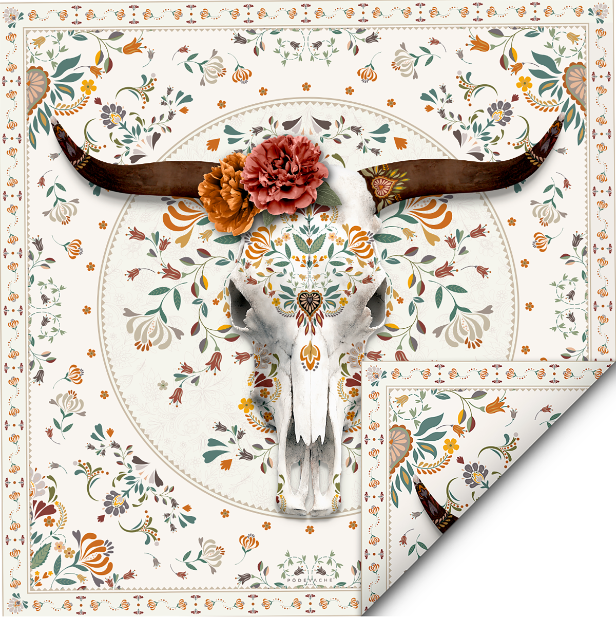 Podevache Flower Goat Skull 100% Silk Scarf 100x100cm