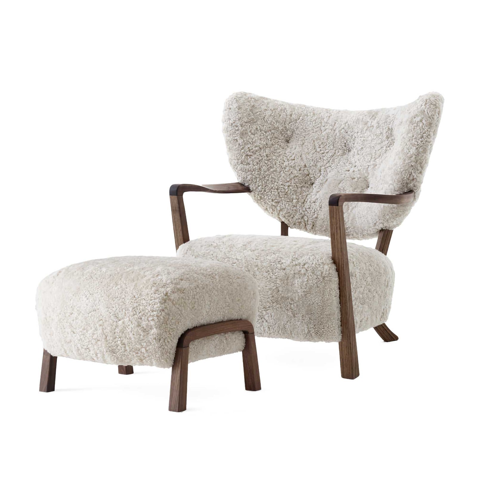 &Tradition ATD2 Wulff Lounge Chair and ATD3 Pouf, sheepskin moonlight/oiled walnut
