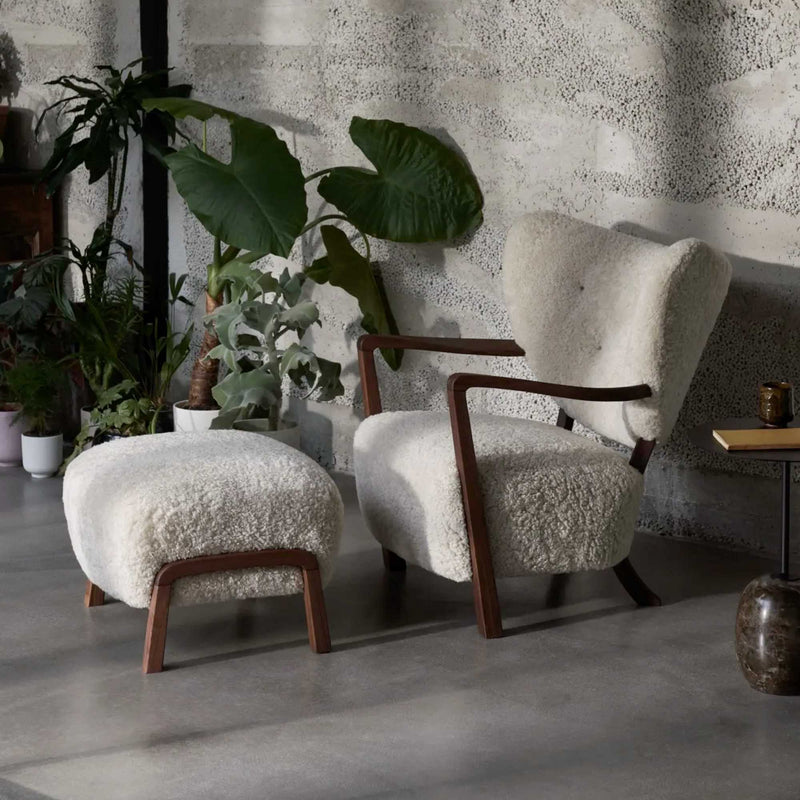 &Tradition ATD2 Wulff Lounge Chair and ATD3 Pouf, sheepskin moonlight/oiled walnut
