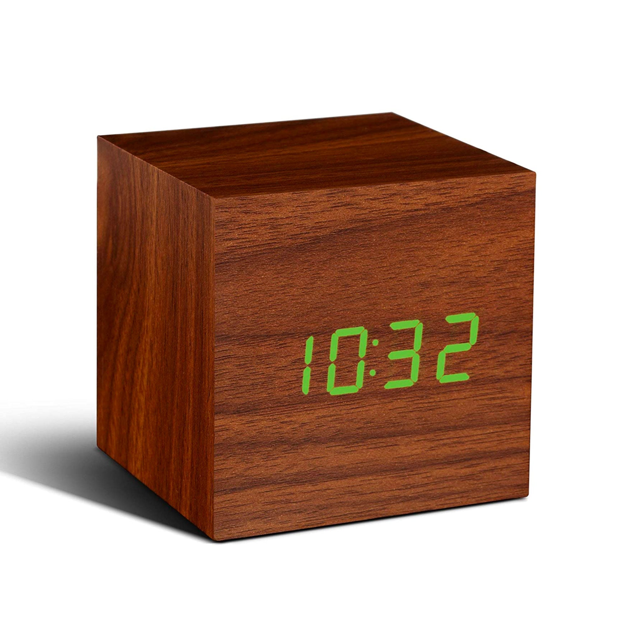 Gingko Cube Click Clock , Walnut-Green LED