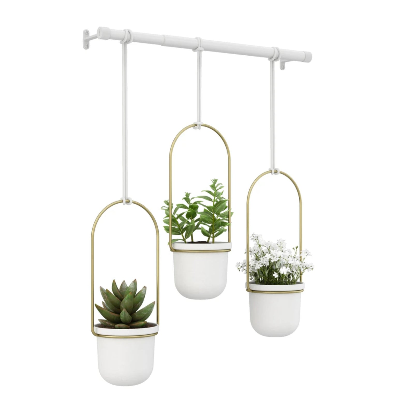 Umbra Triflora Hanging Planters, white - brass