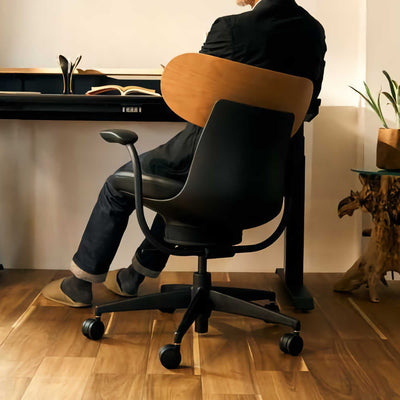 Kokuyo Inglife Office Chair Dark Plywood Back with Arm, black leather