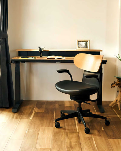 Kokuyo Inglife Office Chair Dark Plywood Back with Arm, black leather